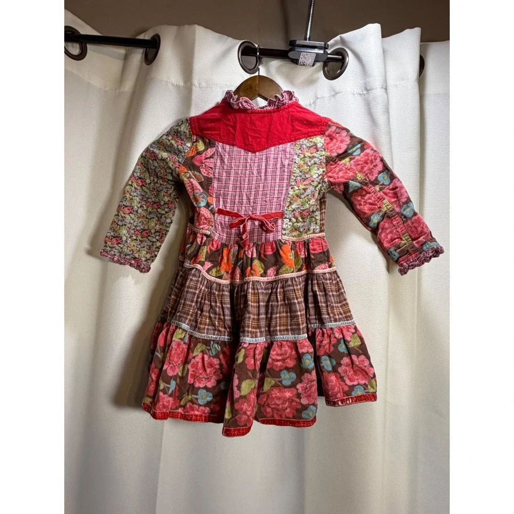 Room Seven Girls Patchwork Corduroy Dress Floral Plaid Tiered Boho Red Pink 4